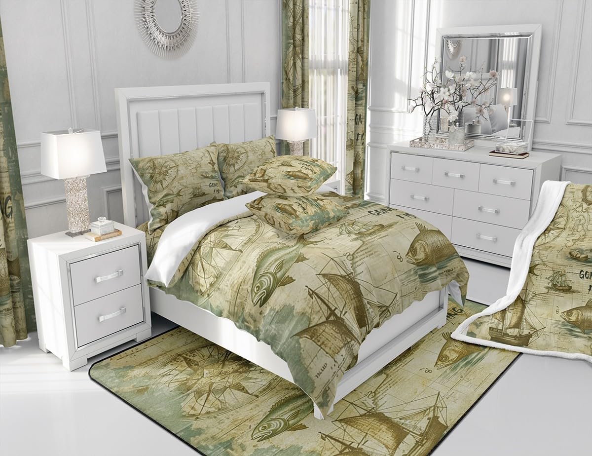 Hunt Fishing Comforter Set Queen Size,Bass Fish and Sailboat Bedding Sets for Boys Men Adult Room Decor,Retro Rustic Farmhouse Down Comforter,Lake House Fishhook Lover Quilted Duvet,2 Pillowcases
