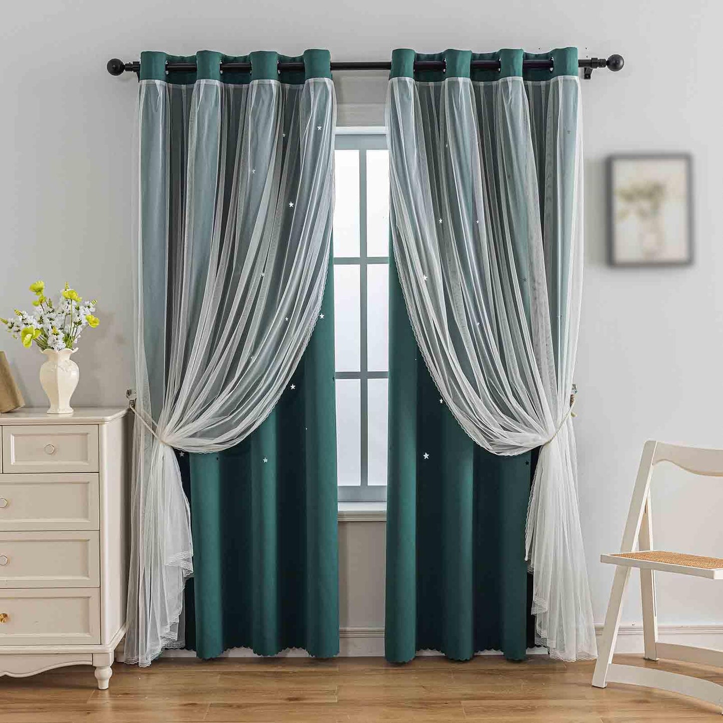 Anytime Romantic Kids Curtain,Hollow-Out Stars Window Curtain Double Layer Blackout Curtains for Girls Bedroom Kids Room 2Panel,(W52 x L95,Dark Green)