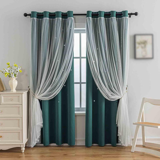 Anytime Romantic Kids Curtain,Hollow-Out Stars Window Curtain Double Layer Blackout Curtains for Girls Bedroom Kids Room 2Panel,(W52 x L95,Dark Green)