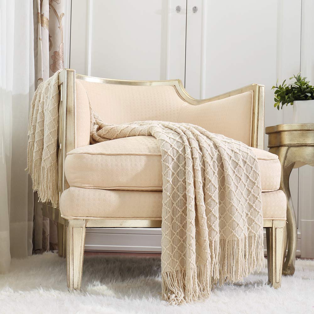 CREVENT Home Decor Rustic Couch Sofa Chair Bed Throw Blanket, Soft Warm Cozy Light Weight for Travelling in Spring Summer (50''X60'' Beige/Ivory)