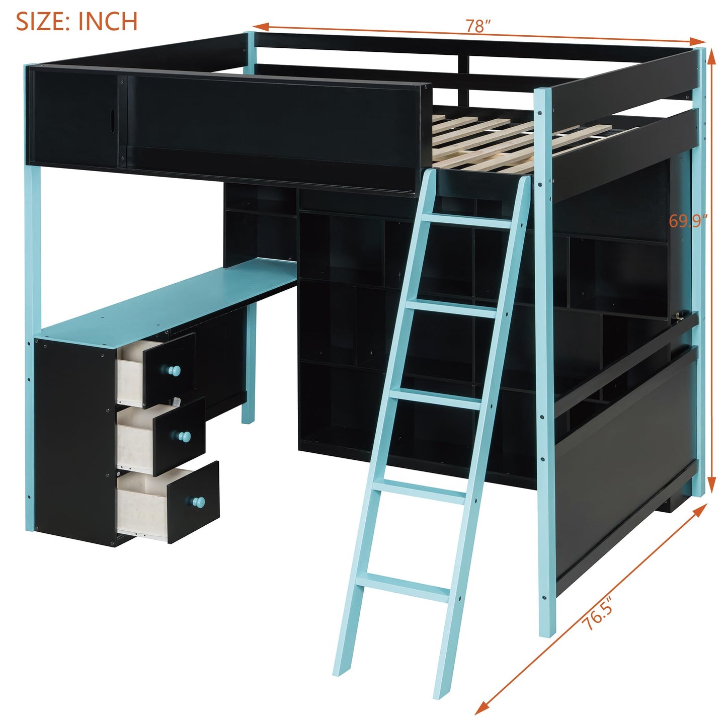 HRJHLucky Full Size Wood Gaming Loft Bed Frame with Desk, Ample Storage Space and Light for Bedroom (Blue)