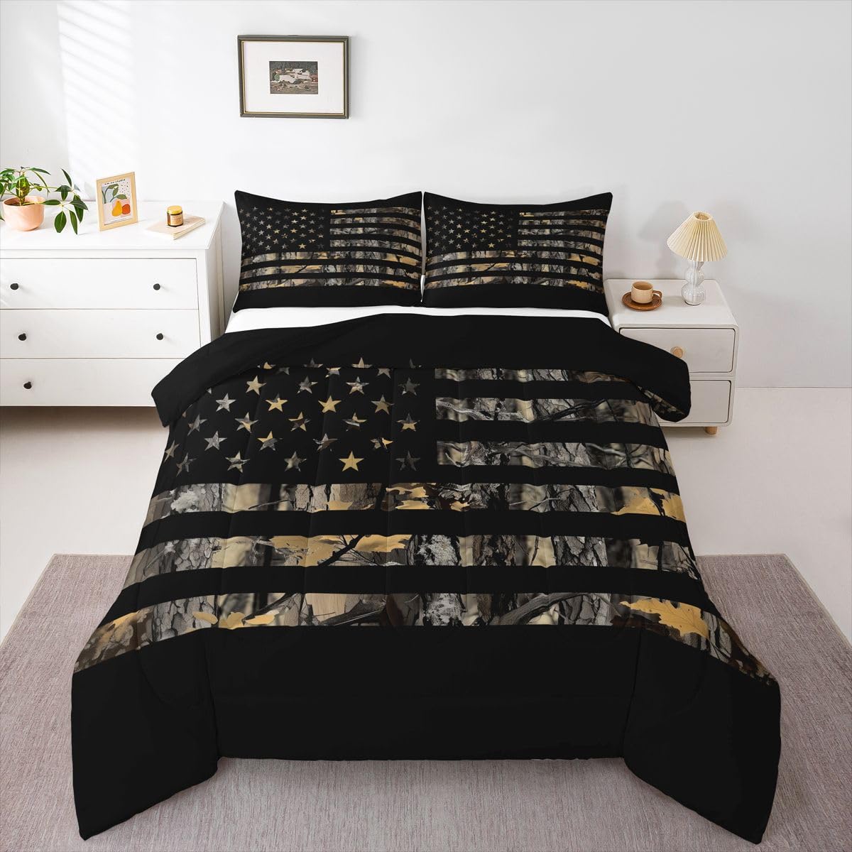 Feelyou American Flag Camo Comforter Set All Season Hunting Bedding Set with 1 Pillow Cases Military Camouflage Kids Twin Bedclothes Rustic Trees Leaves Bedroom Decor Duvet Quilt Soft Lightweight