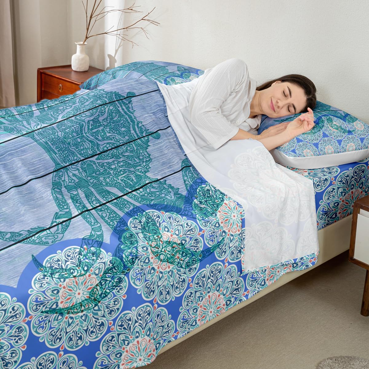 Erosebridal Blue Crab Sheet Set,Hippie Boho Mandala Bed Sheets Queen Sea Ocean Nautical Theme Flat Sheet Beach Animal Fitted Sheet Wood Board Home Room Decor,4Pcs with 2 Pillow Shams