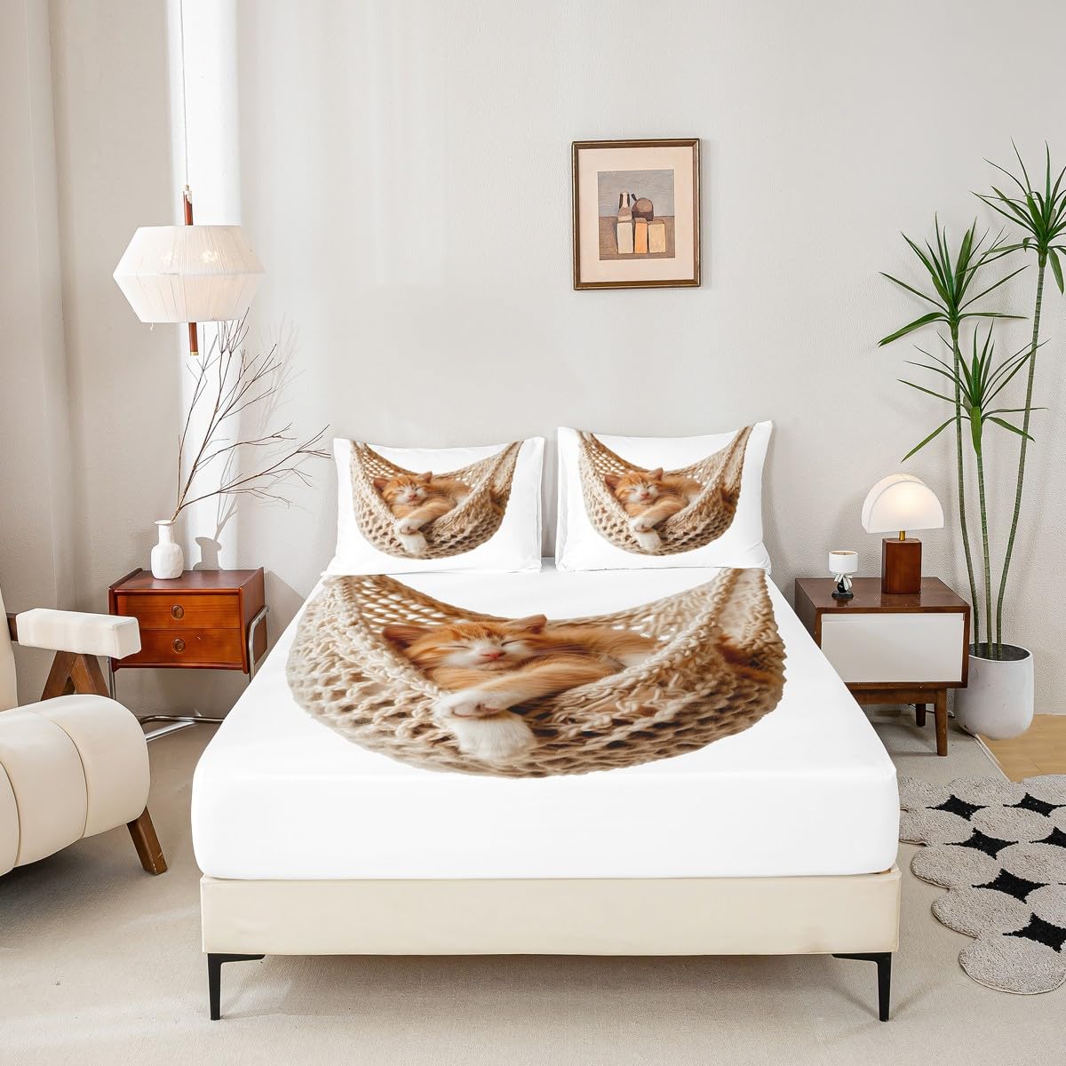 jejeloiu Cats Print Fitted Sheet with 1 Pillowcase Twin Size Animal Bed Sheets Set 16" Deep Pocket Boys Girls White Brown Bedding Cute Kitten Teens Bedroom Decor Breathable Lightweight Microfiber