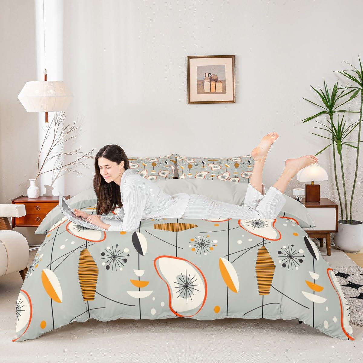Erosebridal Grey Old Fashion Comforter Cover Abstract Atomic Bed Set, Brown Red White Aestheitc Duvet Cover King Size Boho Mid Century Bedding Sets, Minimalism Lines Bedspread Cover 3 Pieces