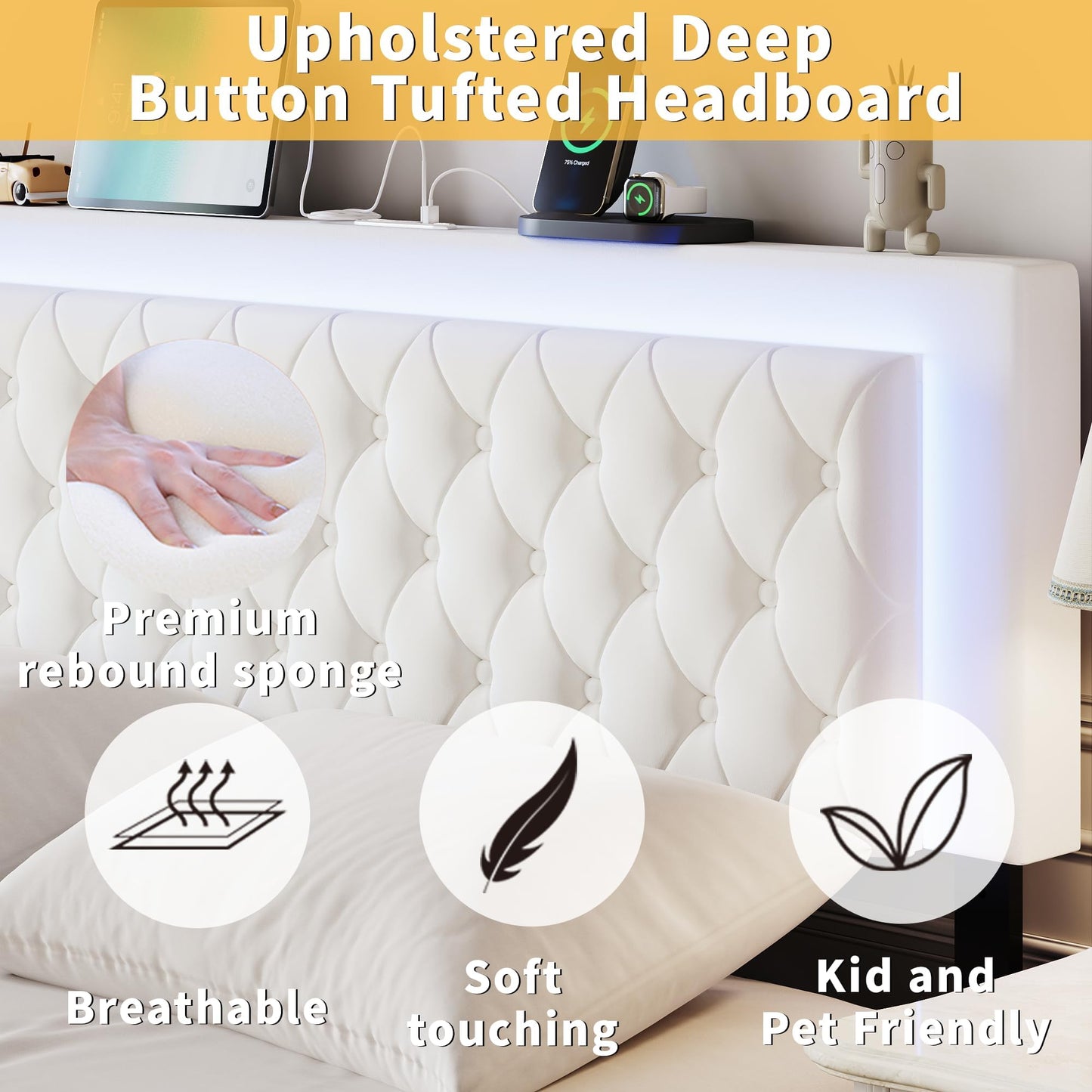 MARMONS Queen Bed Frame with Button Tufted Headboard, Queen Size Upholstered Platform Bed Frame with LED Lights/Charging Station/Footboard Storage, Wooden Slats, No Box Spring Needed, White