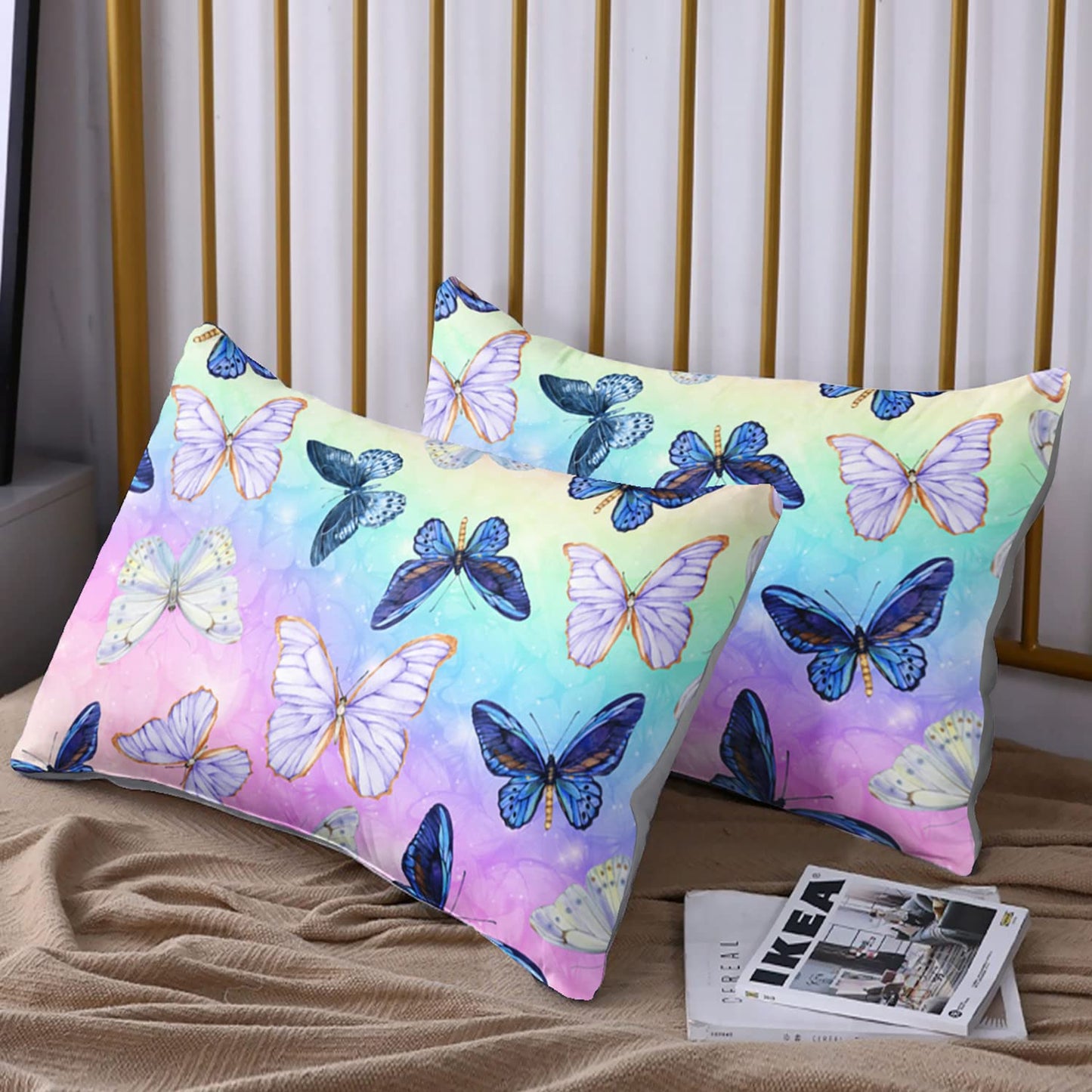 HOSIMA Butterfly Fitted Sheet Set for Girls & Boys, Rainbow Watercolor Tie Dye Coquette Bedding, Blue & Purple Butterfly Queen Size with 2 Pillowcases
