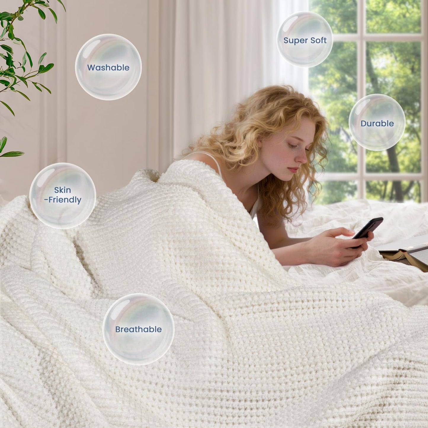 blunique Waffle Knit Throw Blanket, Luxury Cozy Chunky Knit Throw Blanket for Couch, 50 x 60 Inch Thick Ultra-Soft Feather Yarn Knitted Blanket for Sofa, Bed, Home Decor - Off White