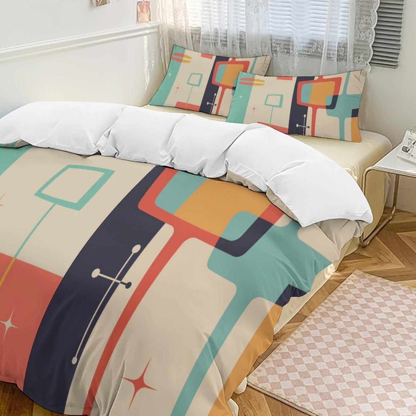 Mid Century Duvet Cover Queen Retro Atomic Bedding Set, Rainbow Grid Comforter Cover Vintage Fifties 1950s Bed Set，Abstract Art Bedding 3 Piece (1 Duvet Cover 86"x70" + 2 Pillow Sham 20"x30")