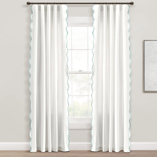 Lush Decor Coastal Chic Scalloped Edge Light Filtering Window Curtain Panels Pair, 52" W x 84" L, Blue & White - White Curtains for Living Room - Coastal Decor