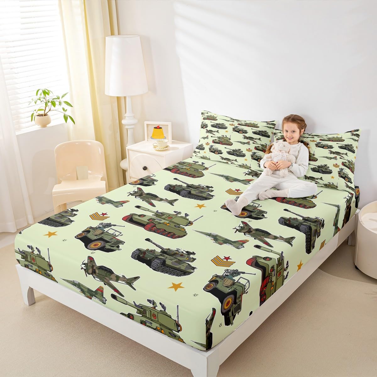 Aircraft Tank Fitted Sheet Full Size, Green Camo Helicopter Airplane Bedding Set 3pcs for Kids Boys Room Decor, Military Army Equipment Bed Cover with 2 Pillowcases, Soft Deep Pocket Sheets, No Flat