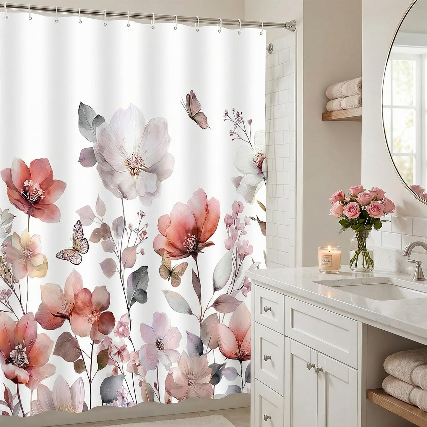 ZCHOMI Pink Red Floral Shower Curtain Watercolor Flower Leaves Butterfly Elegant Bathroom Curtains Waterproof Polyester Fabric Bath Curtain 72 x 72 Inch with 12 Hooks
