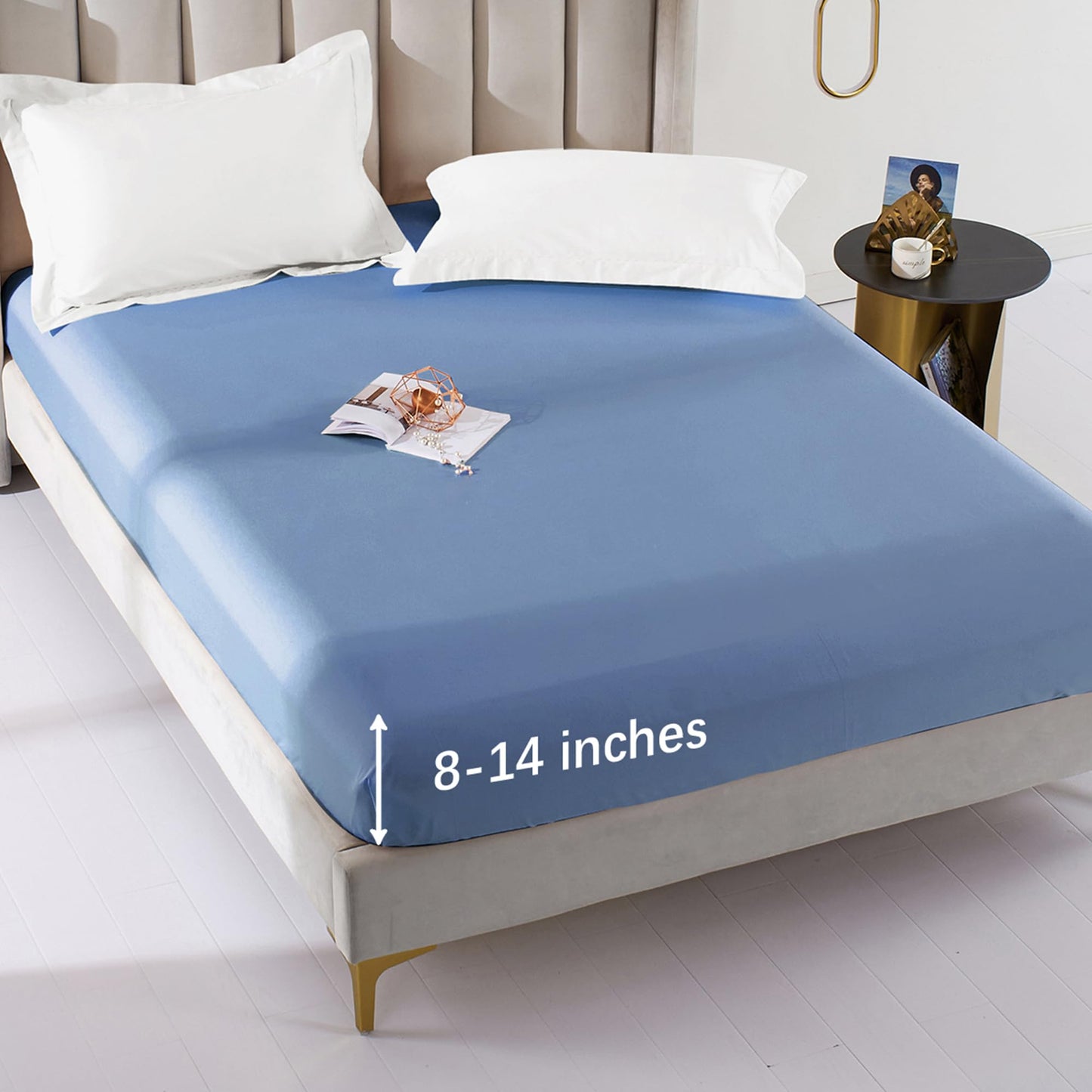MILDLY Deep Pocket Fitted Sheet Only Queen Size 60"x80" 100% Long Staple Cotton Blue Breathable Bottom Sheet Fits Up to 14" Deep Mattress