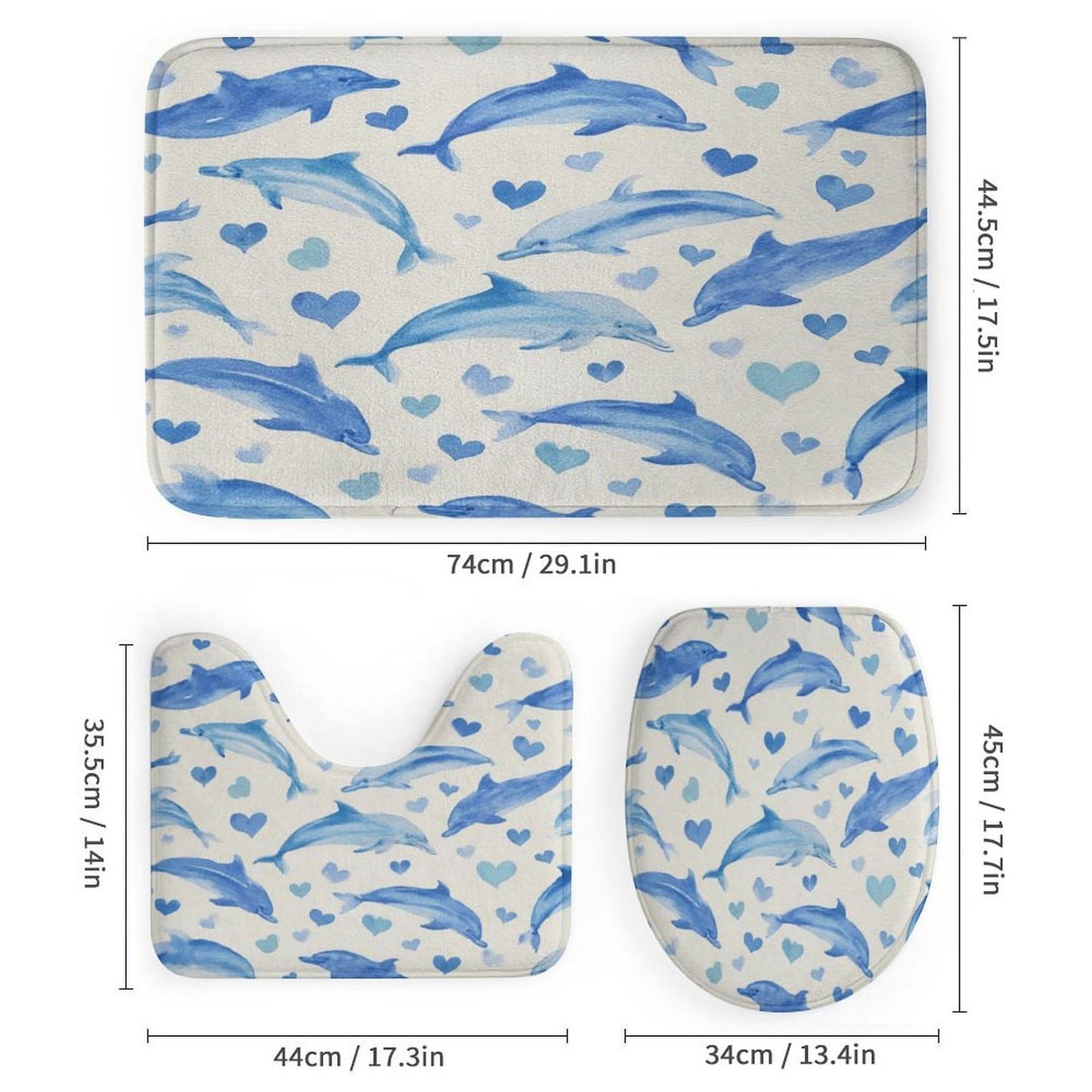 INSFBRB Funny Watercolor Dolphin Shower Curtain Sets with Rug,Toilet Lid Cover and Bath Mat,Modern Cute Ocean Wildlife Dolphin Love Heart Pattern 4 Piece Bathroom Set