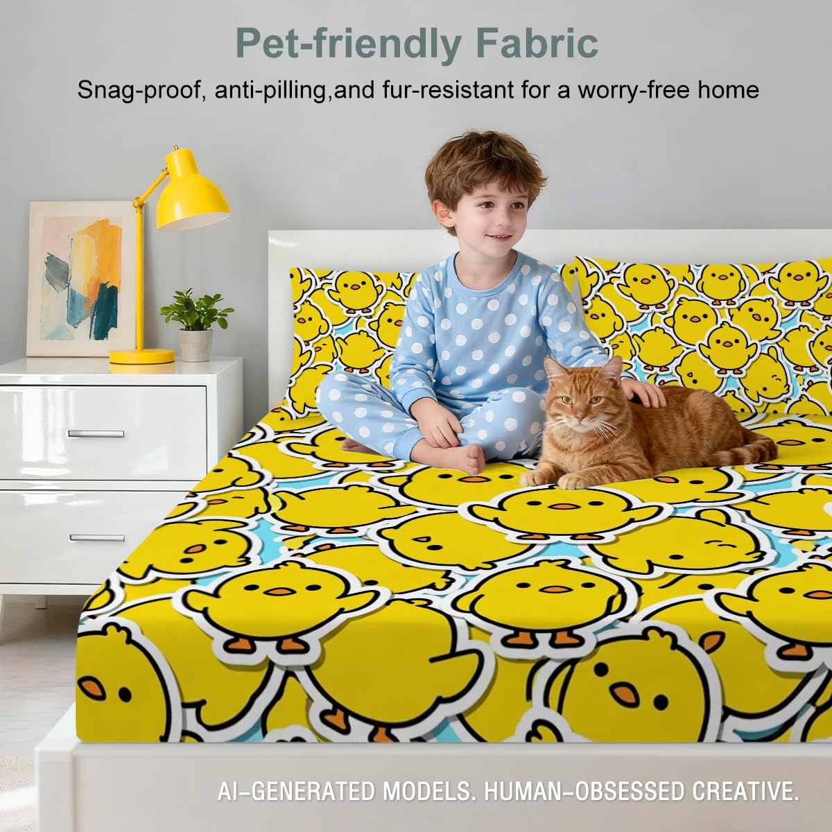Cute Chicken Fitted Sheet Set Twin Size, 3 Pieces Happy Kawaii Chicken Bedding for Bedroom Decor, Bright Yellow Cartoon Chicken Microfiber Deep Pocket Bed Sheets with 2 Pillowcases (No Flat Sheet)