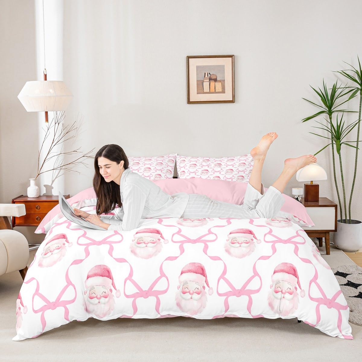 Castle Fairy Santa Claus Duvet Cover Set Twin Size,Pink Bow Print Bedding Sets 2Pcs for Kids Girls Boys Adult Room Decor,Merry Christmas Comforter Cover Pink Bowknot Grid Quilt Cover,1 Pillowcase