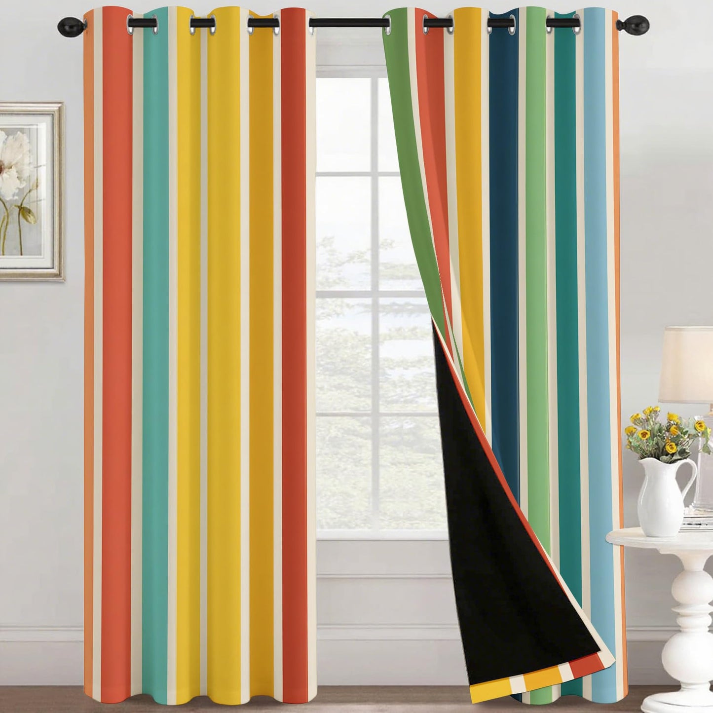 Colorful Striped Curtains Blackout - Retro Rainbow Stripe Curtains 84 Inch Length 2 Panels Set, Colorful Striped Window Curtain for Bedroom, Living Room, Thermal Insulated Grommet Drapes -O177