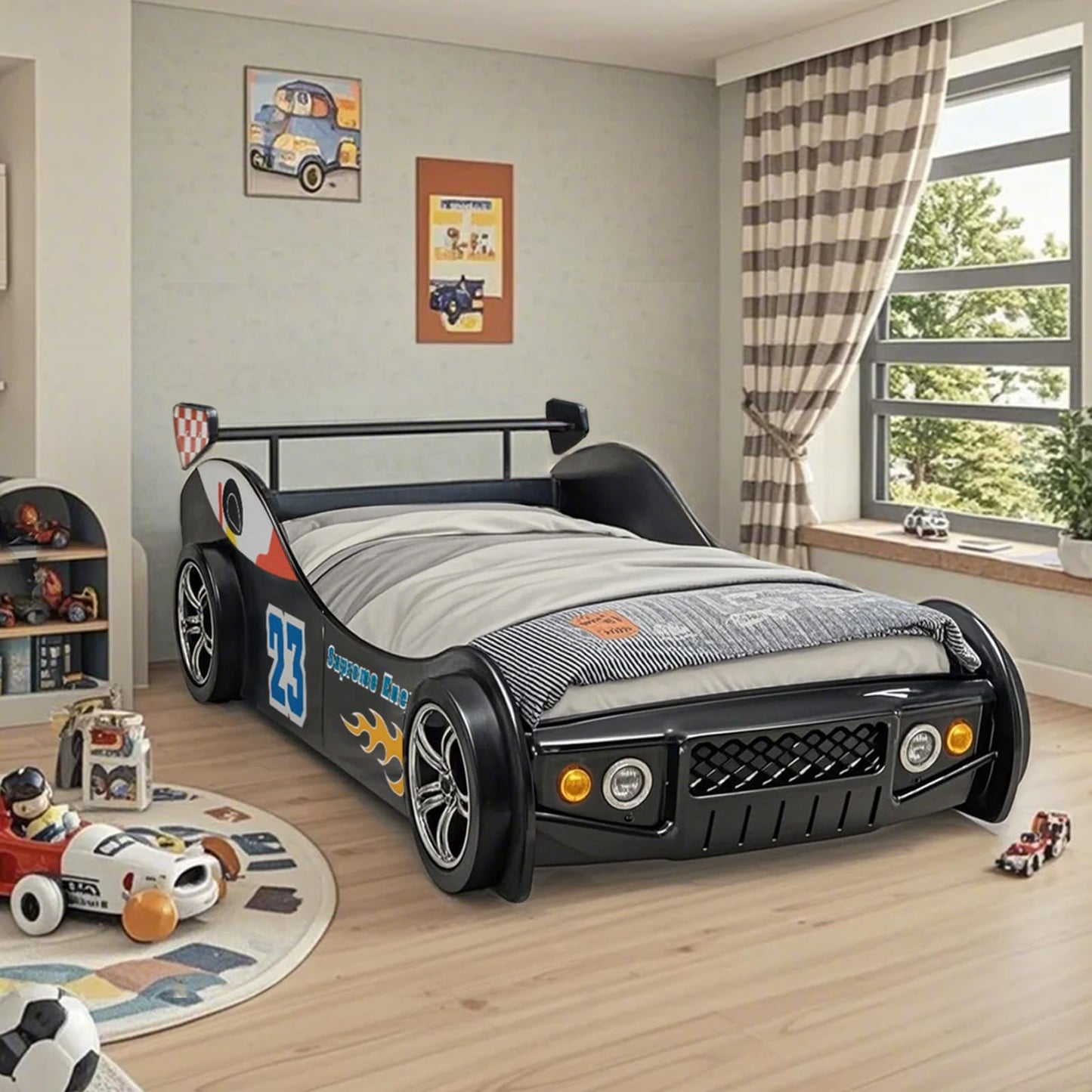 LKTART Car Bed Twin Size for Kids, Race Car Shaped Wooden Platform Bed Frame with Headboard Wheels and Support Slats for Boys Toddlers Child's Bedroom (Black)