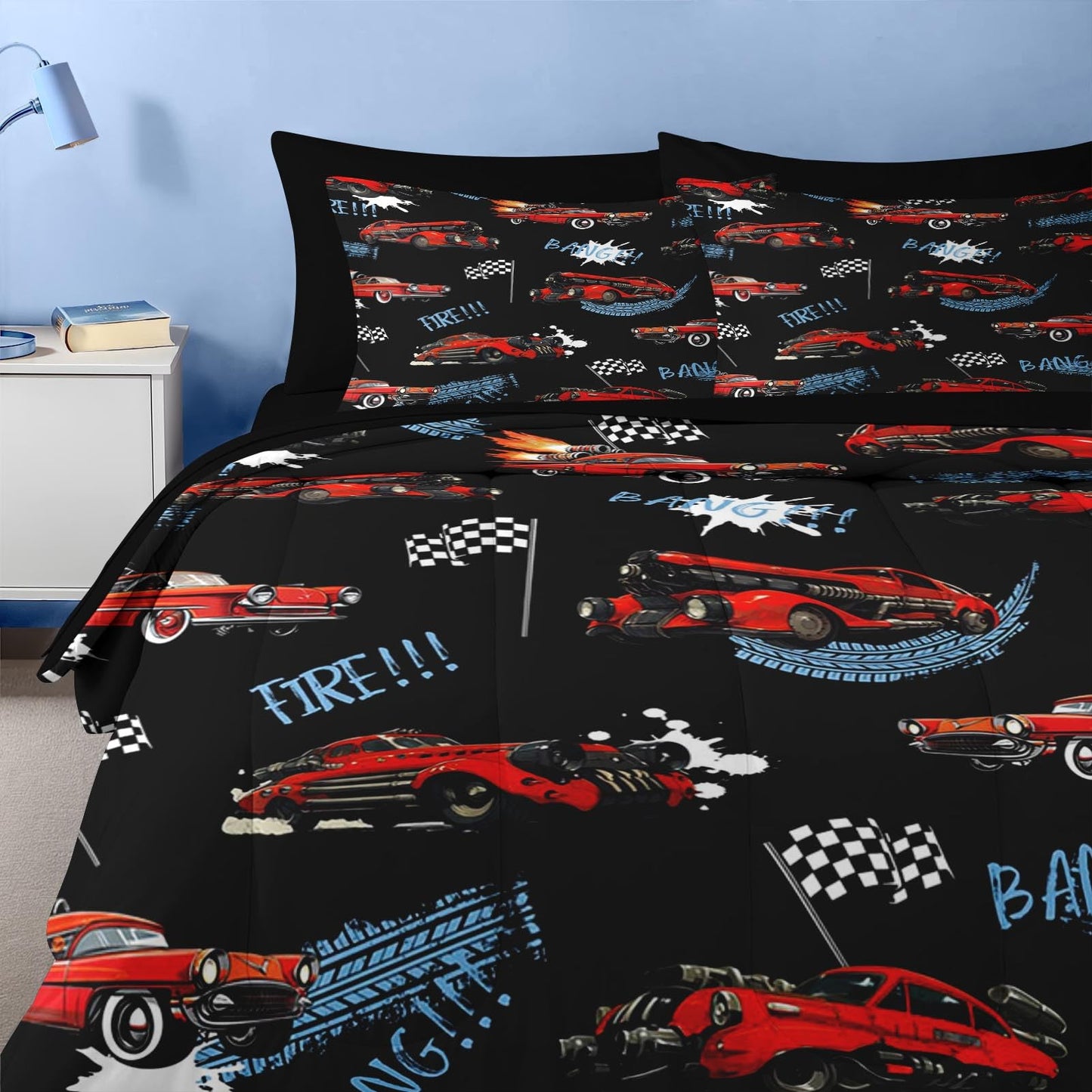 Nesker 5 Pcs Car Comforter Set Twin Size, Rad Race Car Boys Bedding Black Bed in a Bag for Kids and Adults, Retro Cool Truck Bed Sheet Sets with Fitted Sheet Pillowcases & Shams