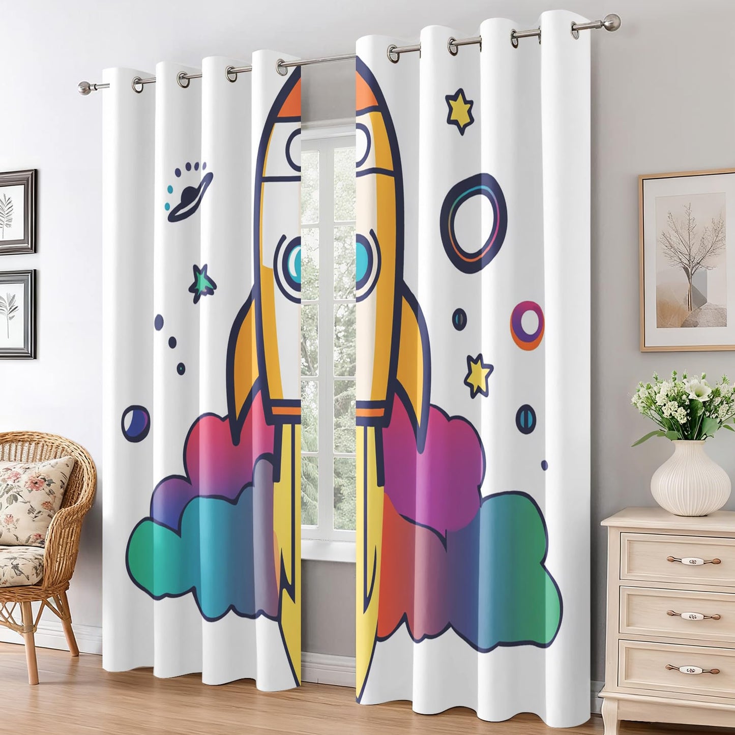 Cartoon Rocket Curtains Blackout & Home Decor, UFO Planet Curtains Bedroom Living Room Decor, Kids Boys Girls Thermal Insulated Grommet Drapes 63 Inch Long, 2 Panels Set N3Q-142