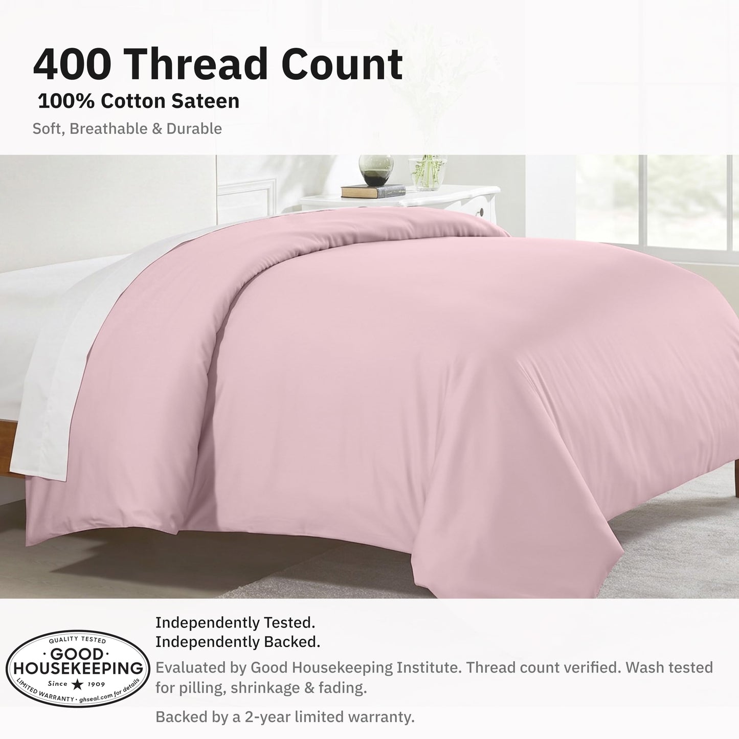 California Design Den Full/Queen Duvet Cover Only - Premium 400 Thread Count, Natural 100% Cotton Duvet Covers Queen, Soft Sateen Weave, Button Closure and Corner Ties - Pink