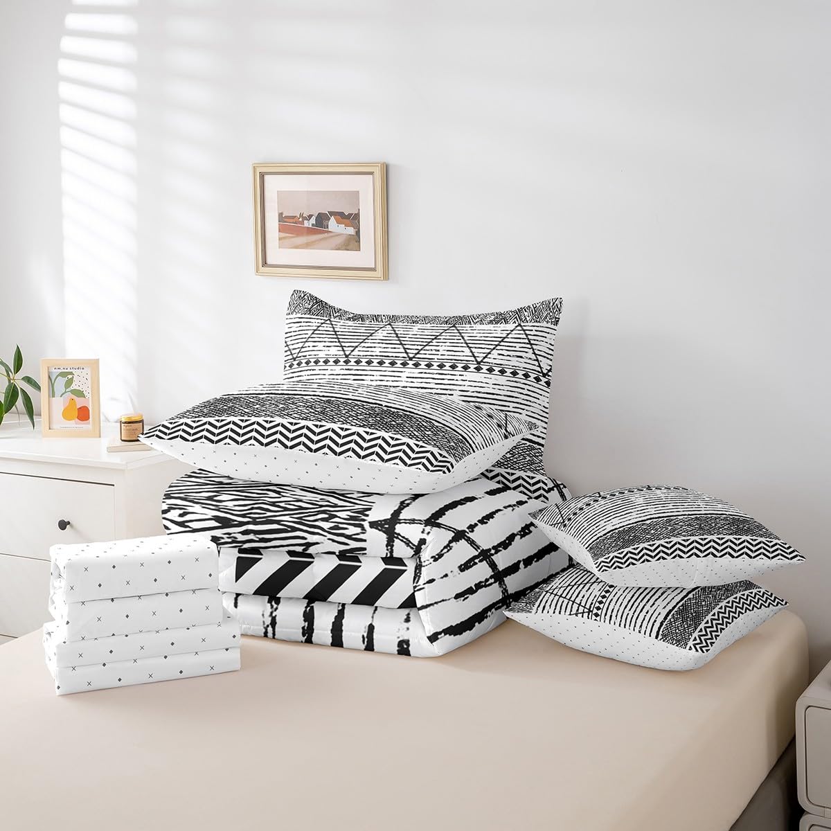 Bohemian Full Size Bed Sheets and Comforter Set,Grey Boho Aztec 7 Piece Bedding Set Geometric Tribal Striped Bed in a Bag,Nordic Ethnic Lines Western Bed Sets