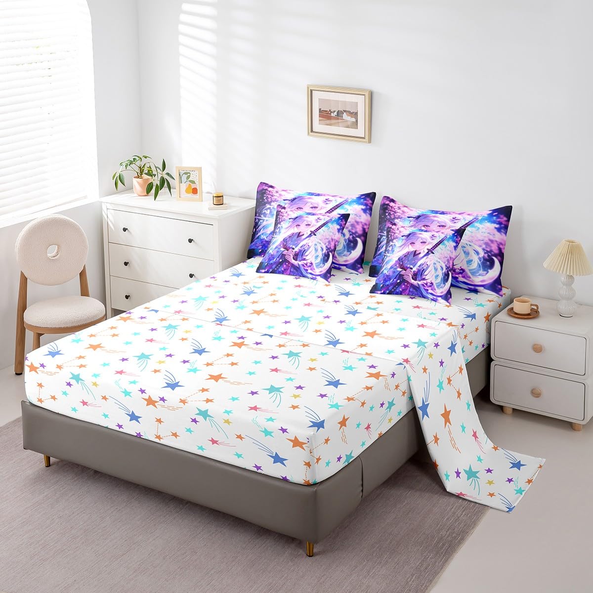 Erosebridal 7 Piece Anime Girl Full Comforter Sets for Kids, Kawaii Japanese Anime Bedding Set Cartoon Girl Bed in A Bag Sci Fi Style Japanese Animation Sheet Set for Kids Girls Teens Bedroom