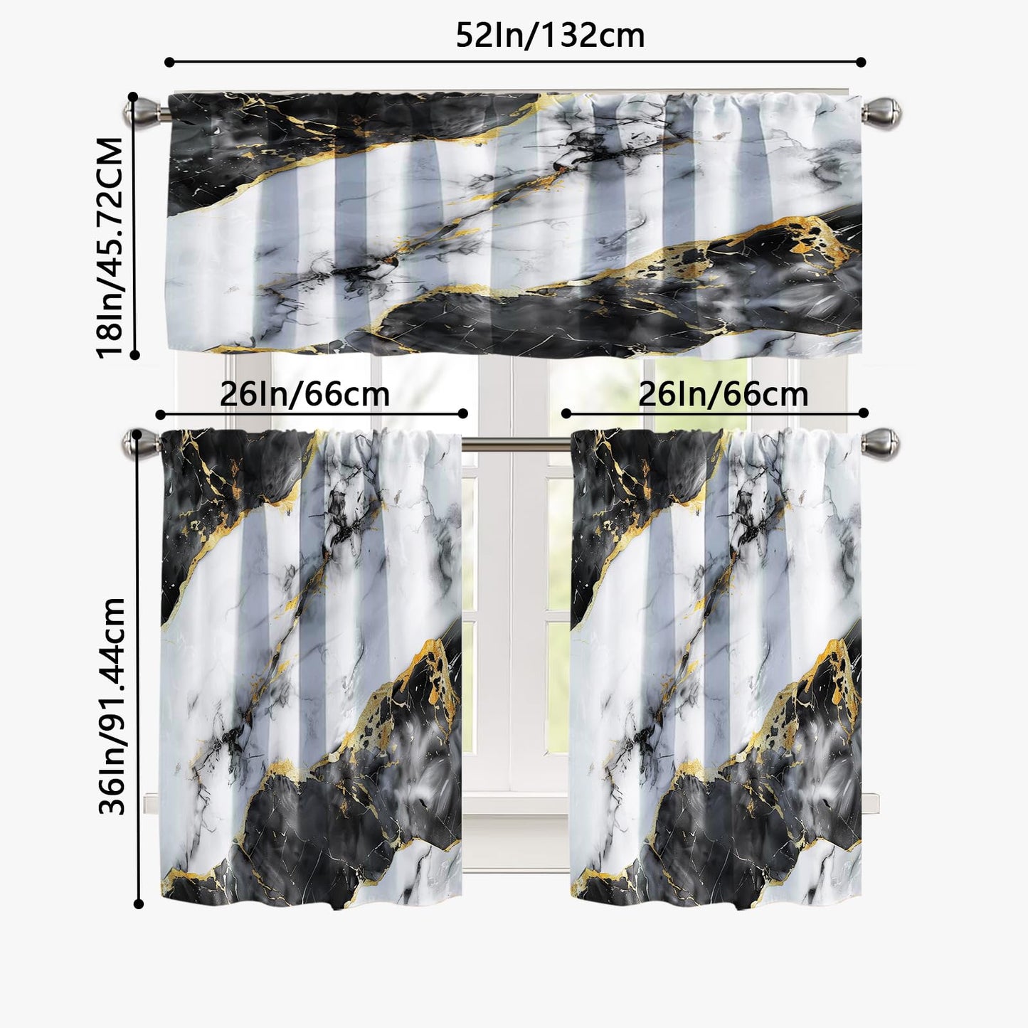 KINUUIS Black White Marble Blackout Kitchen Window Tier Curtains and Valance Set, 52 x 36 Inch Abstract Art Window Curtains Set with Rod Pocket for Small Windows, Living Room or Bathroom