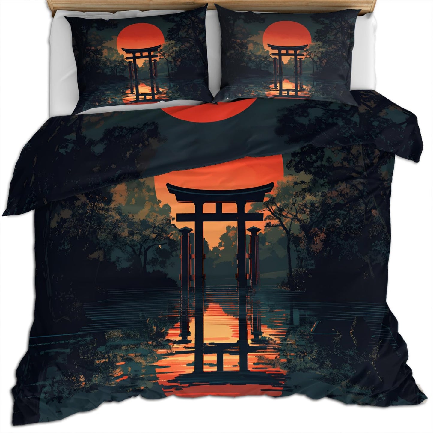 PAISUOQ Japanese Duvet Cover Queen Size, Traditional Torii Bedding Sets, 3 Piece, Soft Microfiber Patterned Comforter Cover with Zipper Ties & 2 Pillowcase, Natural Landscape Bedroom Decor & Gifts
