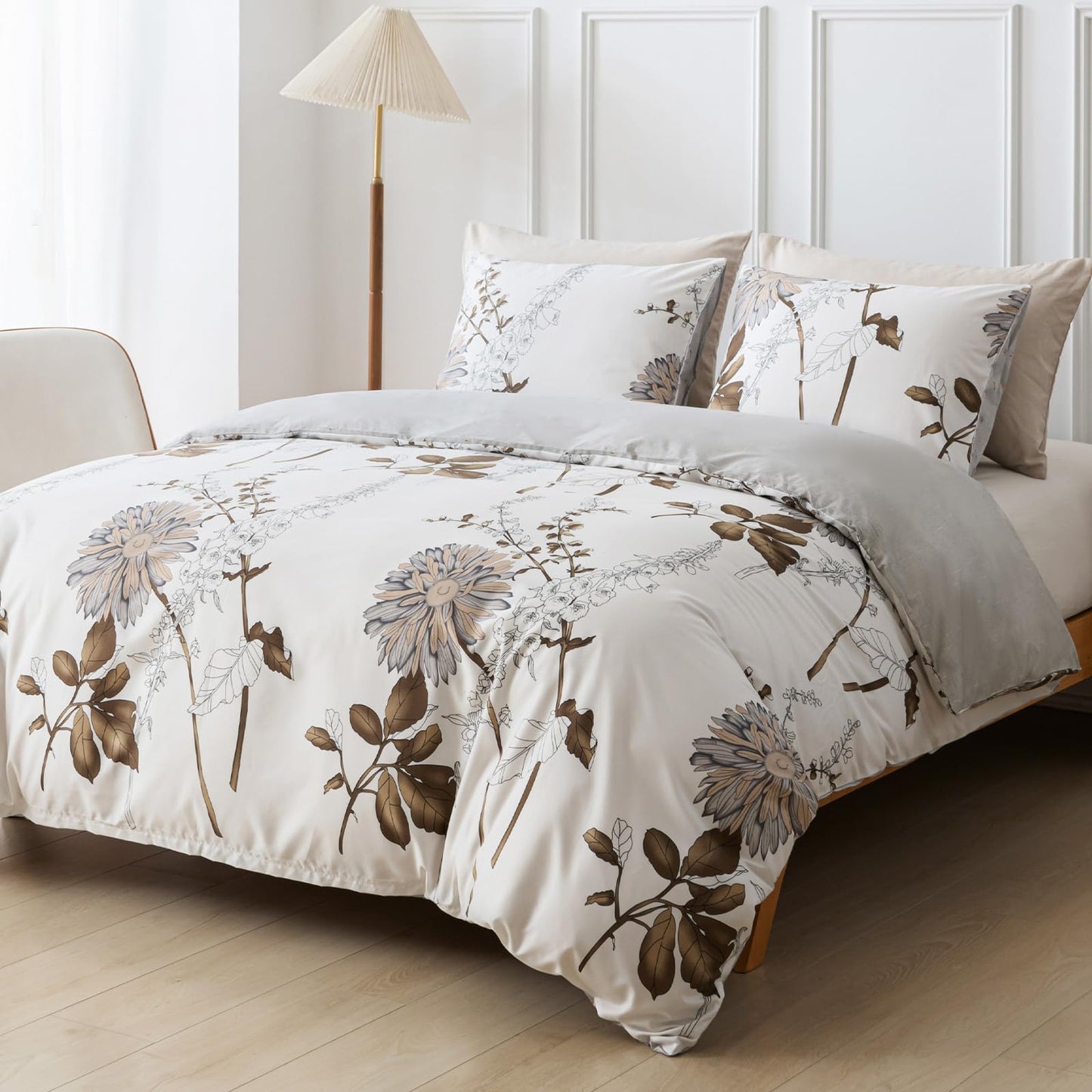 Lekesky Duvet Cover King Size, Reversible Dahlia Floral Duvet Cover Set, Soft Microfiber Off White Bedding Duvet Cover Sets with Zipper Closure (1 Duvet Cover 104"x90", 2 Pillowcases 20"x36")