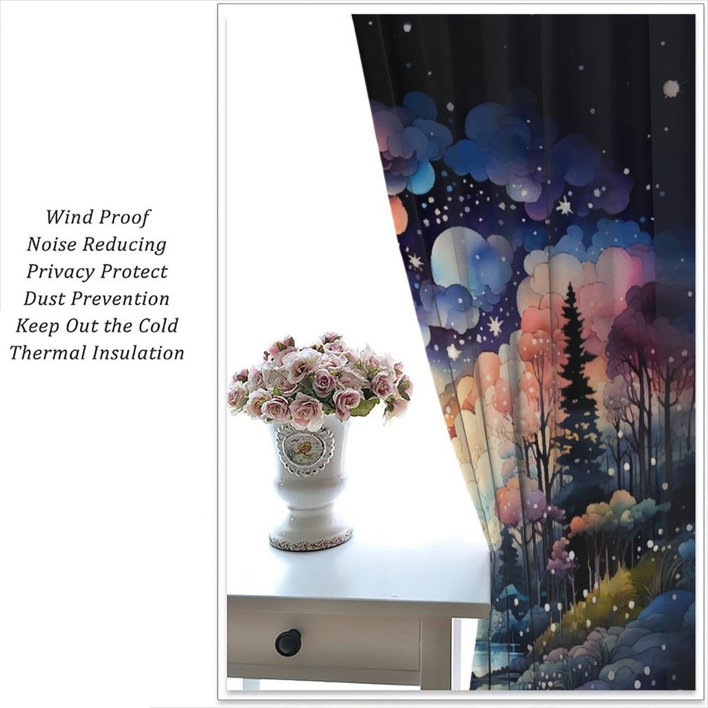 Fantasy Forest Curtains, Colorful Dreamy Mystic Fairy Tale Magic Jungle Under Starry Sky, Thermal Insulation Blackout Rod Pocket Window Treatments for Living Room Bedroom Bathroom (21x45in) x2 Panels