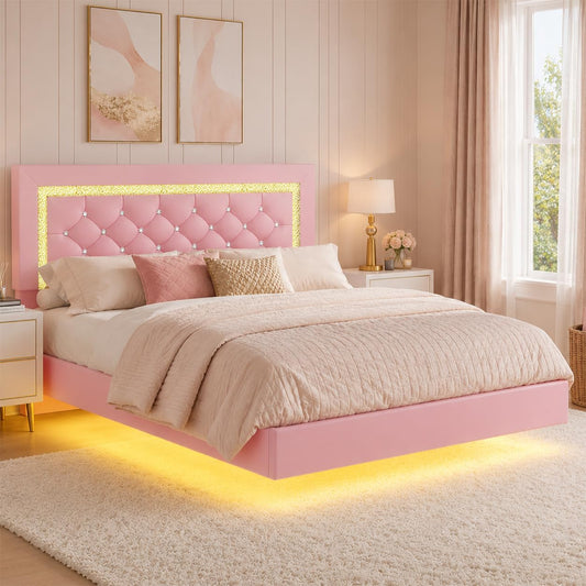 BarnFurin Floating Bed Frame Full with LED Lights, Upholstered Bed Frame with Diamond Headboard, No Box Spring Needed, Noise Free, Easy Assembly, Pink