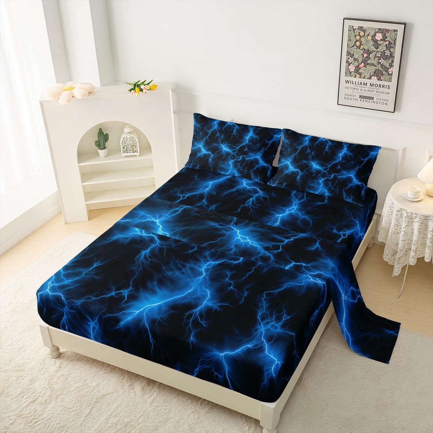 QOOMO Glowing Pattern Kids Sheet Set, Soft Microfiber Neon Light Sheets for Children Teens, Twin Blue Bed Set with Deep Pocket, 1 Fitted Sheet, 1 Flat Sheet, 2 Pillow Cases