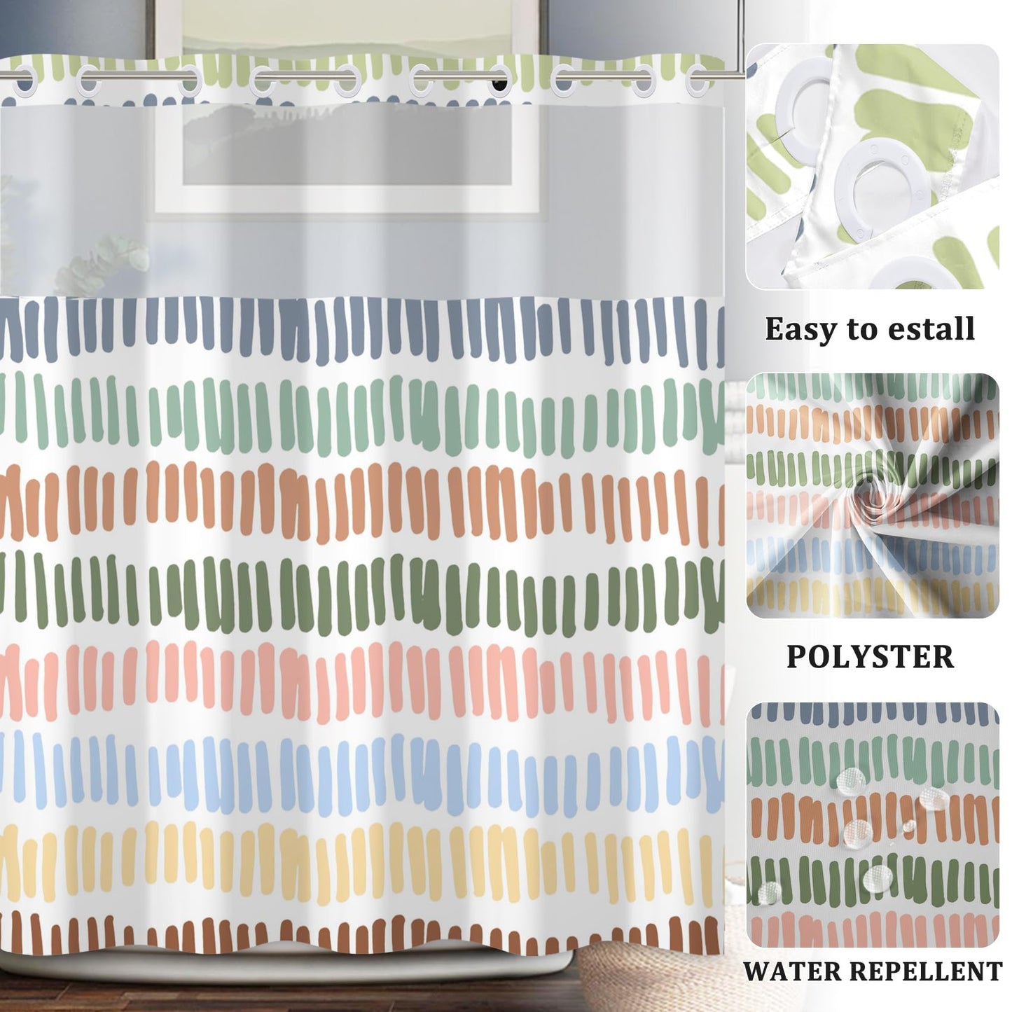 Baocicco No Hook Multicolour Stripe Shower Curtains with Snap-in Fabric Liner Set for Bathroom Rainbow Striped Hotel Shower Curtain and Liner Set See Through Shower Curtain with Window 71x74 Inch