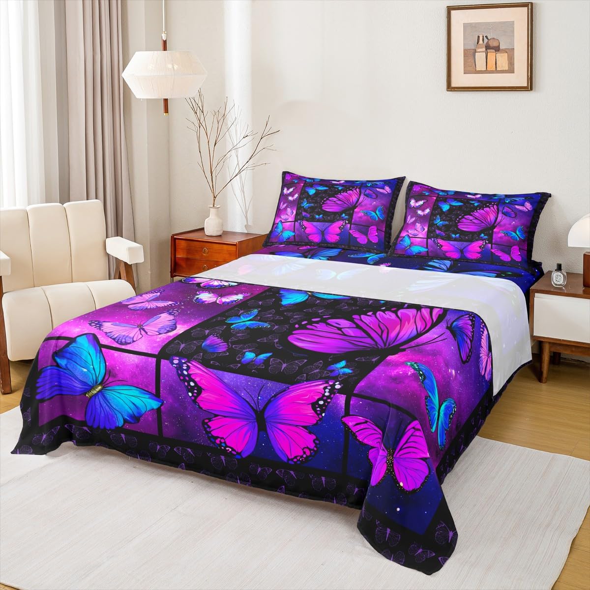 Purple Butterfly Bed Sheets Deep Pocket King,Mystic Galaxy Bed Sheet Set Blue Butterfly Bedding Sets for Kids Girls Teens Women,Psychedelic Starry Sky Fitted Sheet Aesthetics Flat Sheet 4 Pcs