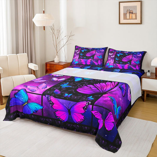 Purple Butterfly Bed Sheets Deep Pocket King,Mystic Galaxy Bed Sheet Set Blue Butterfly Bedding Sets for Kids Girls Teens Women,Psychedelic Starry Sky Fitted Sheet Aesthetics Flat Sheet 4 Pcs