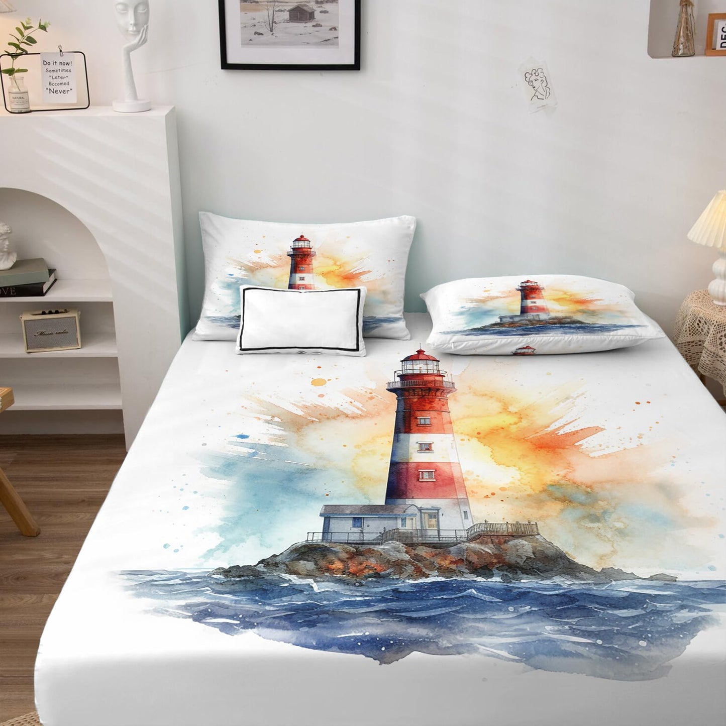 Lighthouse Sheets King Sheet Sets - Nautical Bed Sheets, Soft Microfiber & Deep Pocket & Wrinkle Free Patterned Bedding Sheets & Pillowcases, 4 Piece ( 1 Fitted Sheet, 1 Flat Sheet, 2 Pillow Cases )