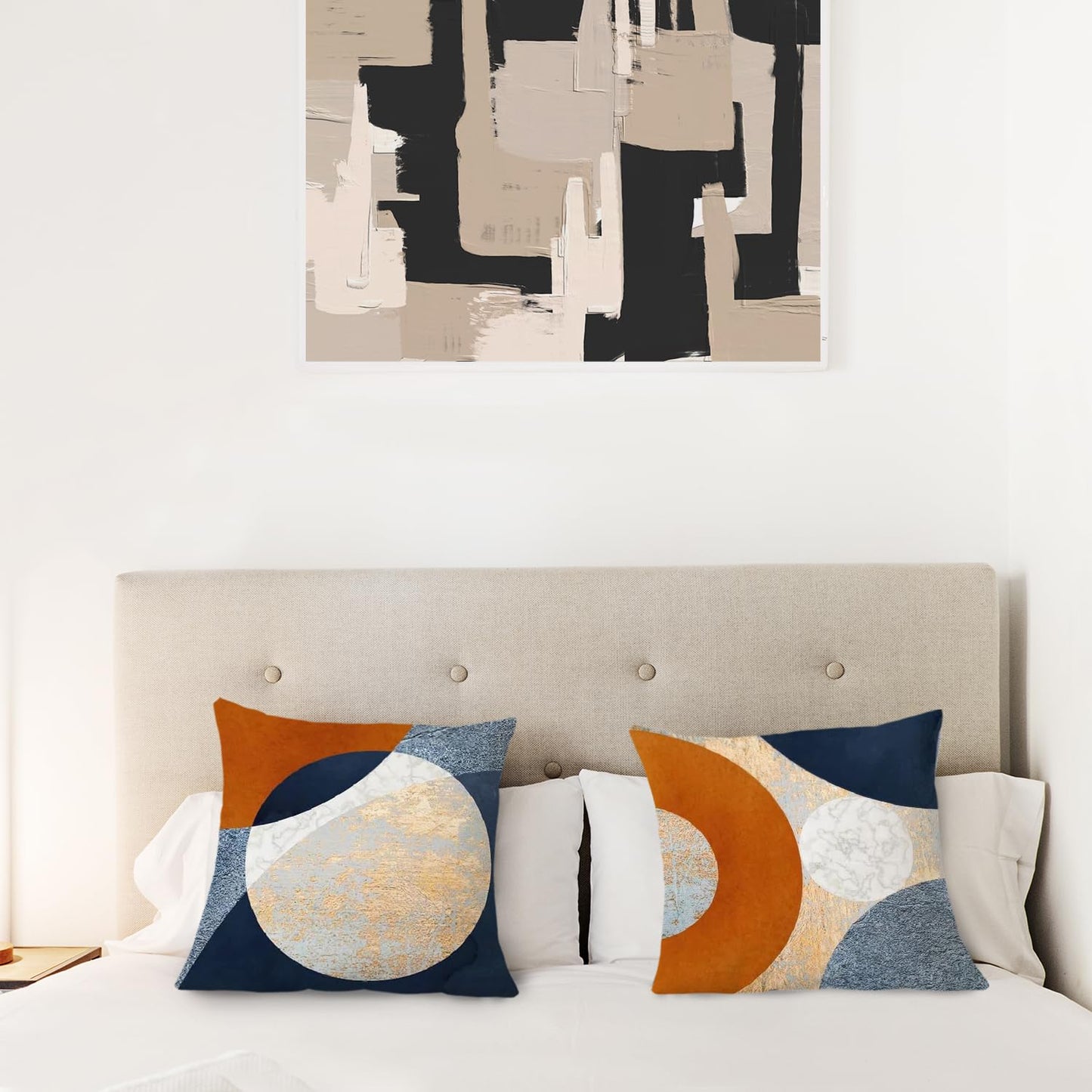 Supwhd Abstract Modern Boho Pillow Covers 18x18 Set of 2, Navy Blue Orange Gold Textured Circles Decorative Pillow Covers for Bedroom Living Room, Modern Home Decor