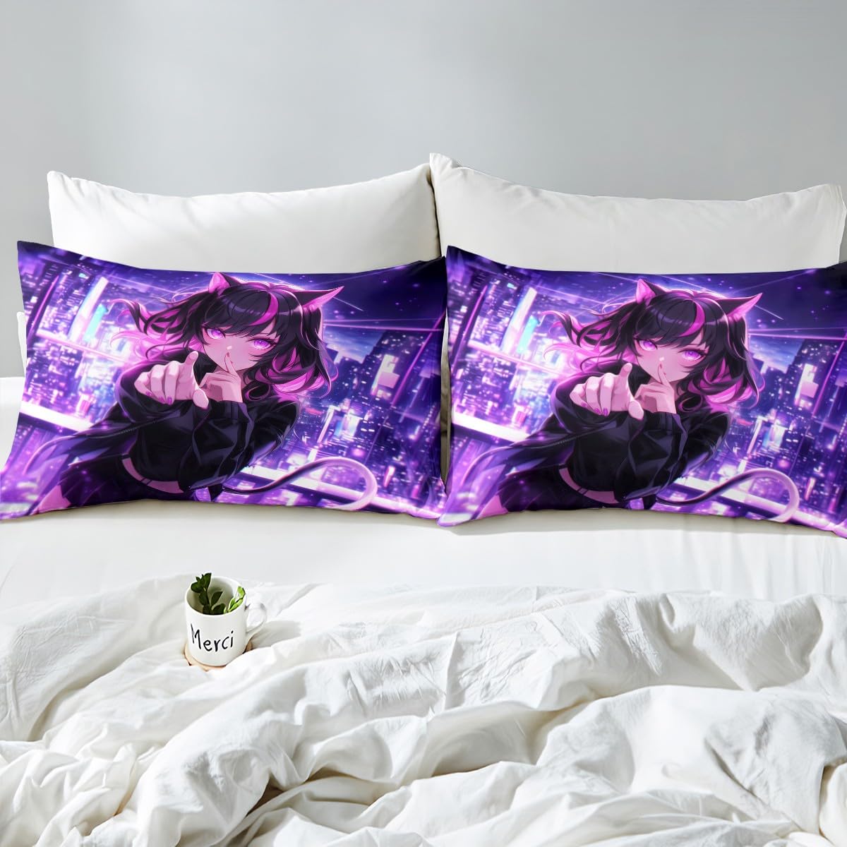Erosebridal Kids Anime Girl Full Size Bed Sheets, Japanese Anime Fitted Sheet, Cartoon Girl Bedding Set for Boys Teens Bedroom Decor, Kawaii Japanese Animation Bed Set with 2 Pillow Cases
