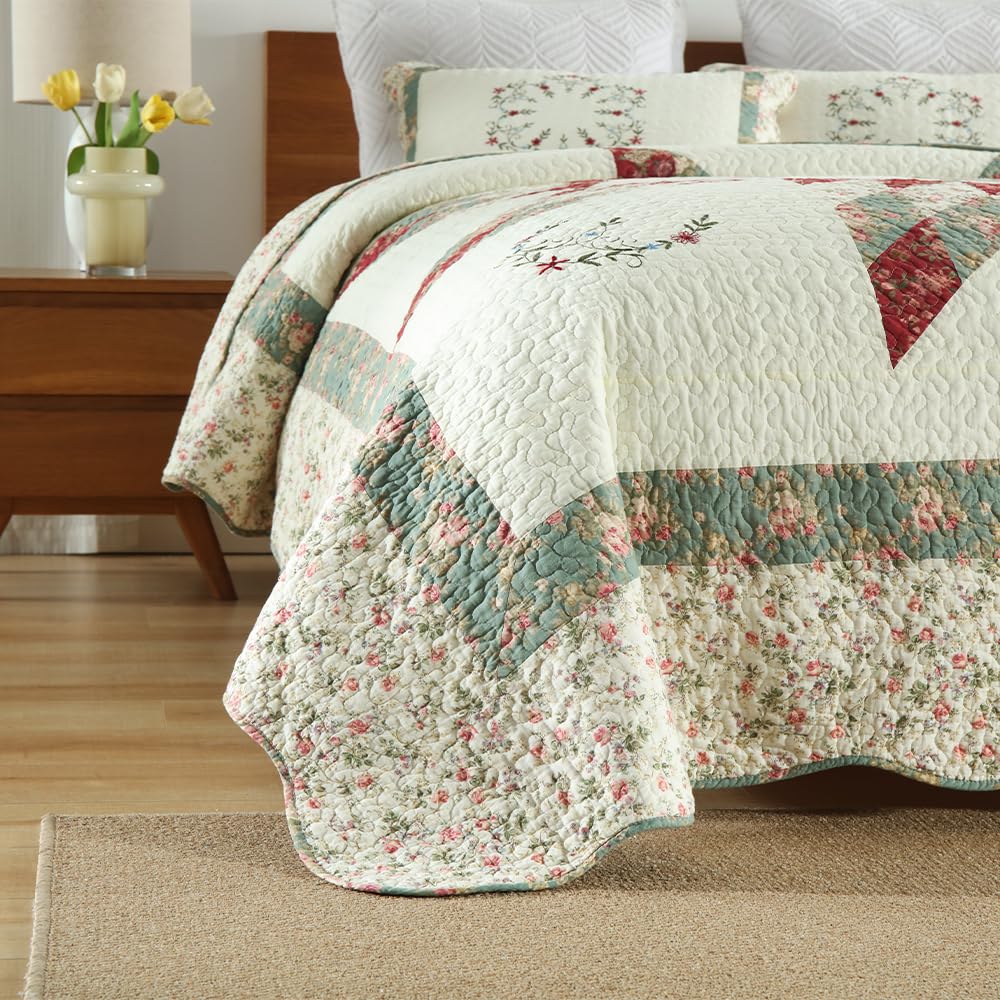 camandy Cotton Bedspread Quilt Bedding Sets, 3 Pieces Reversible Coverlets Comforters Star with Green Floral Real Patchwork Bedspread, King Size