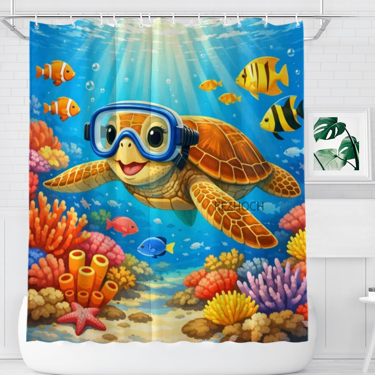 REZHOCH Kids Ocean Shower Curtain 72x72Inch Fun Sea Turtle Snorkeling Underwater Tropical Fish Coral Reef Home Bathroom Decor,Boy Girl Cartoon Animal Coastal Bath Set with Hooks