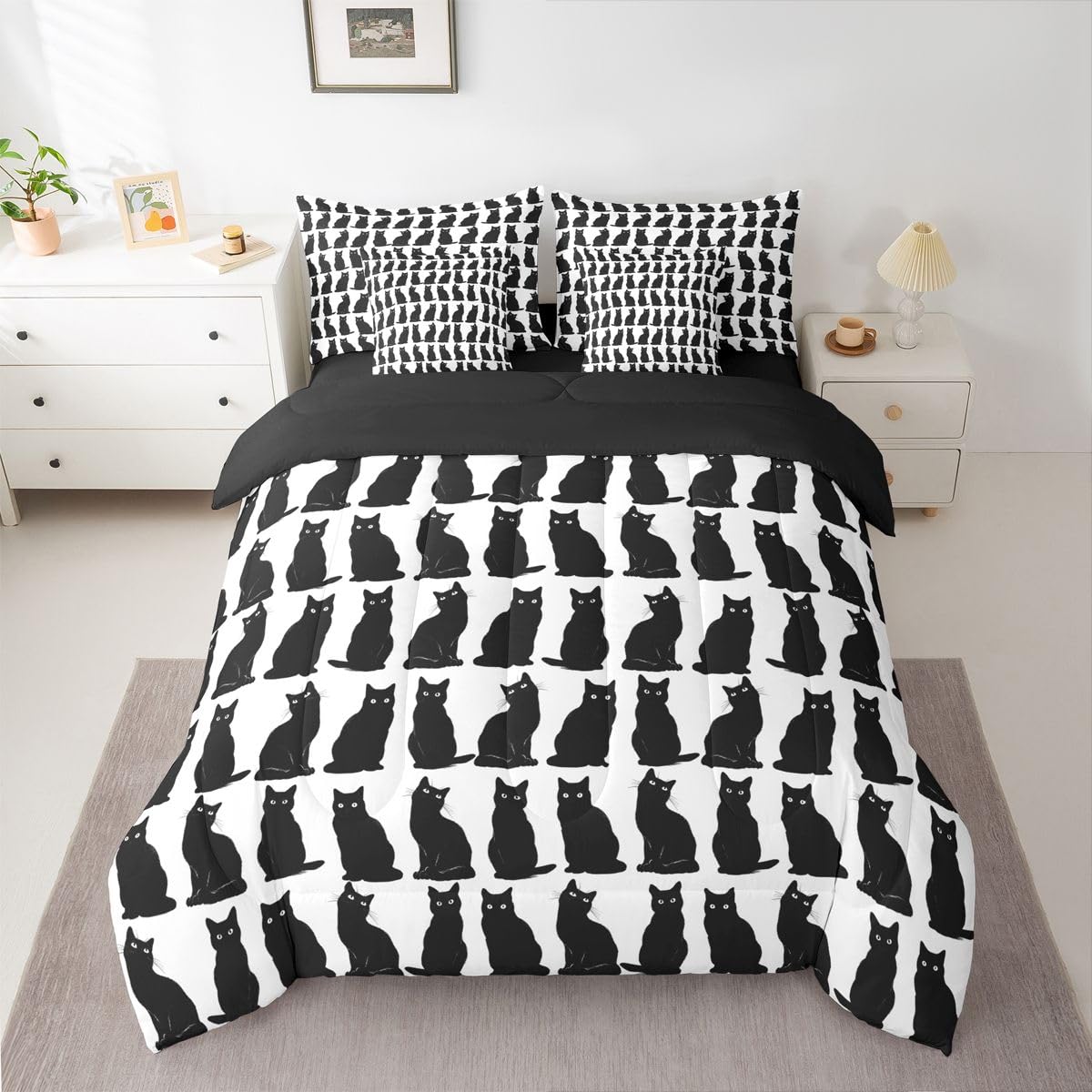 Erosebridal Black Cat 7-Piece Bedding Set Full Size for Kids Teens | Boys Girls Cute Cat Bed in a Bag Cartoon Black Cats Comforter Set with Sheets Geometric Kawaii Kitten Pet Duvet Insert