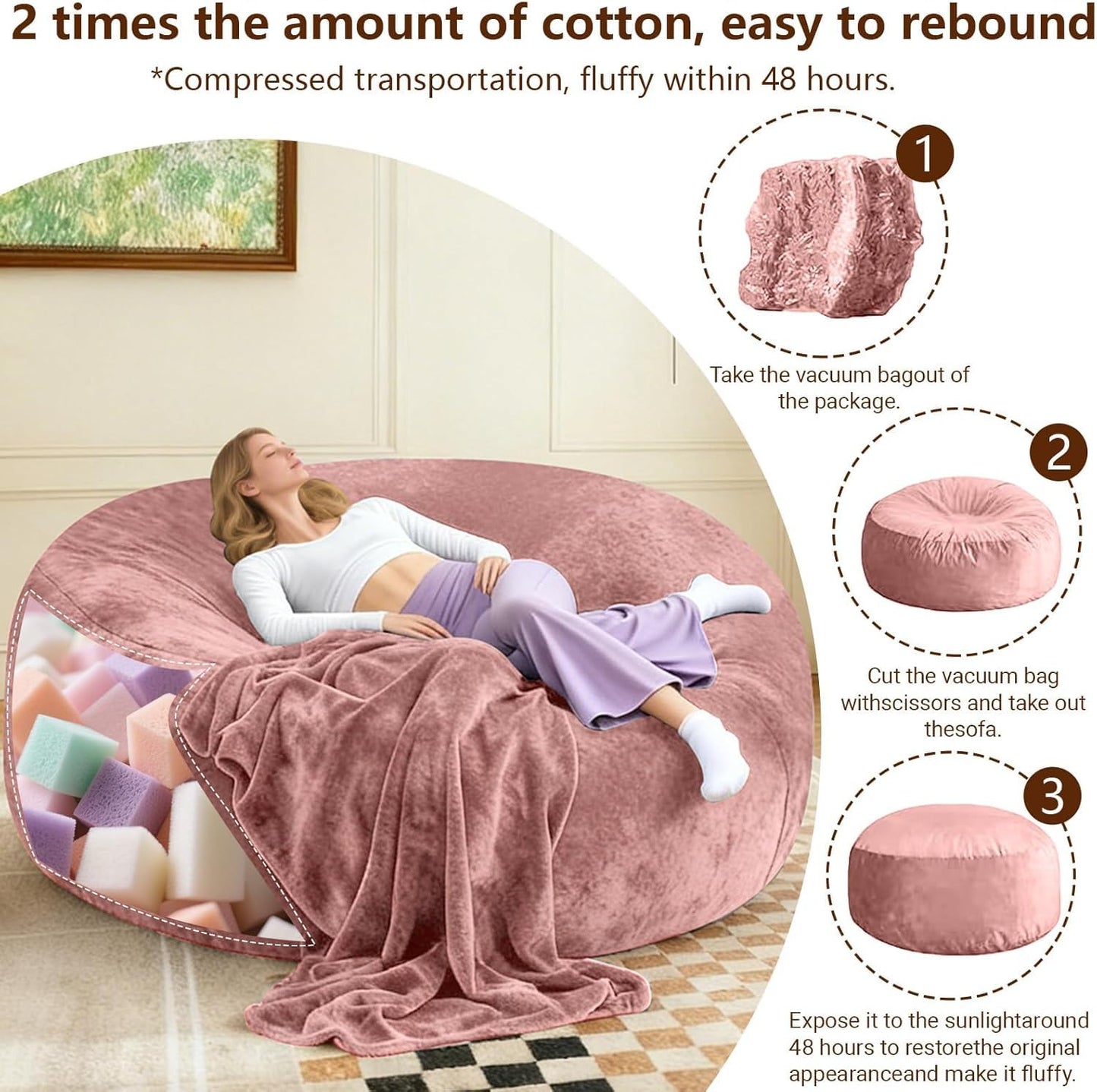 Big Bean Bag Chairs for Adults ，6FT Bean Bag Chair with Filler Memory Foam Chair Super Soft Plush, Living Room Furniture, Suitable for bedrooms,Reading Chairs (Pink, 6FT)