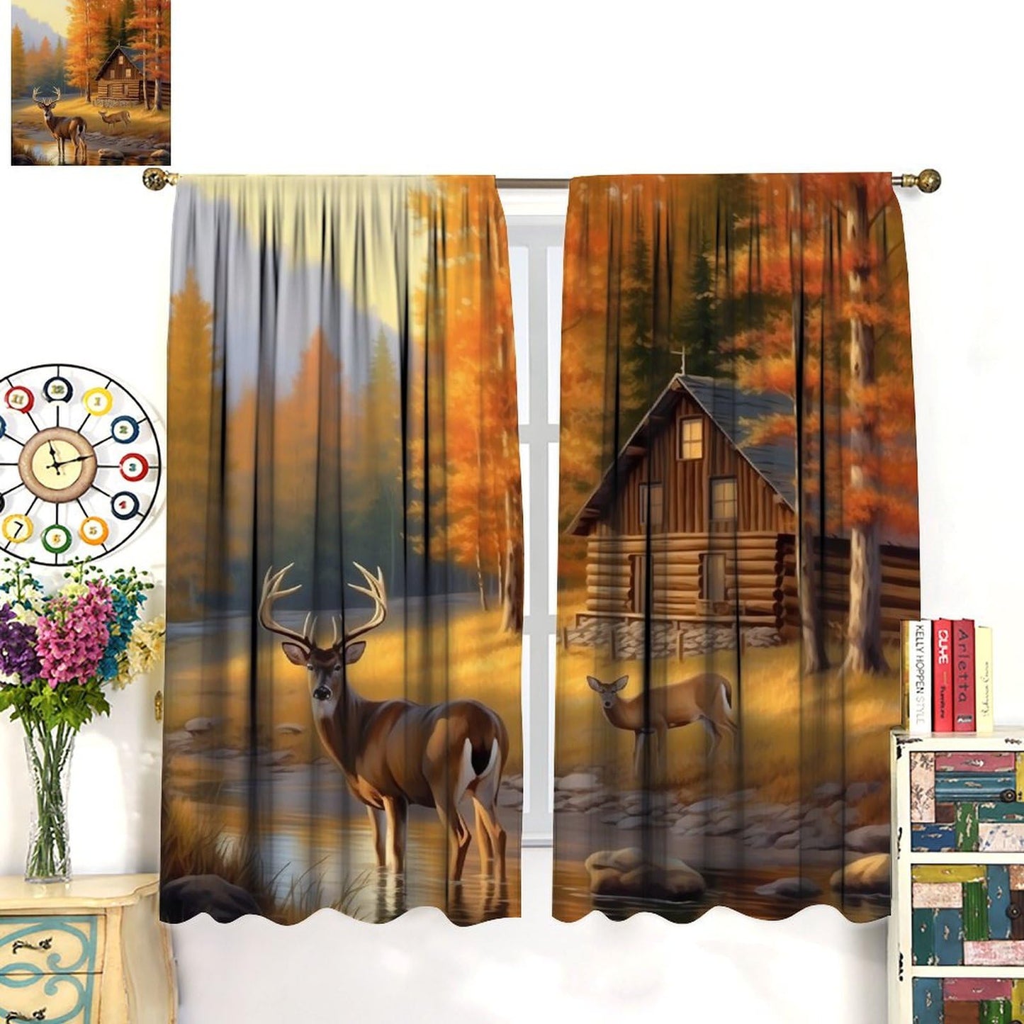 AAVEUP Deer Curtains for Bedroom,Vintage Rustic Fall Hunting Farmhouse River Cabin Elk Wildlife Window Drape for Boys Girls Living Room Farmhouse Cottage 42x45in（No Blackout）