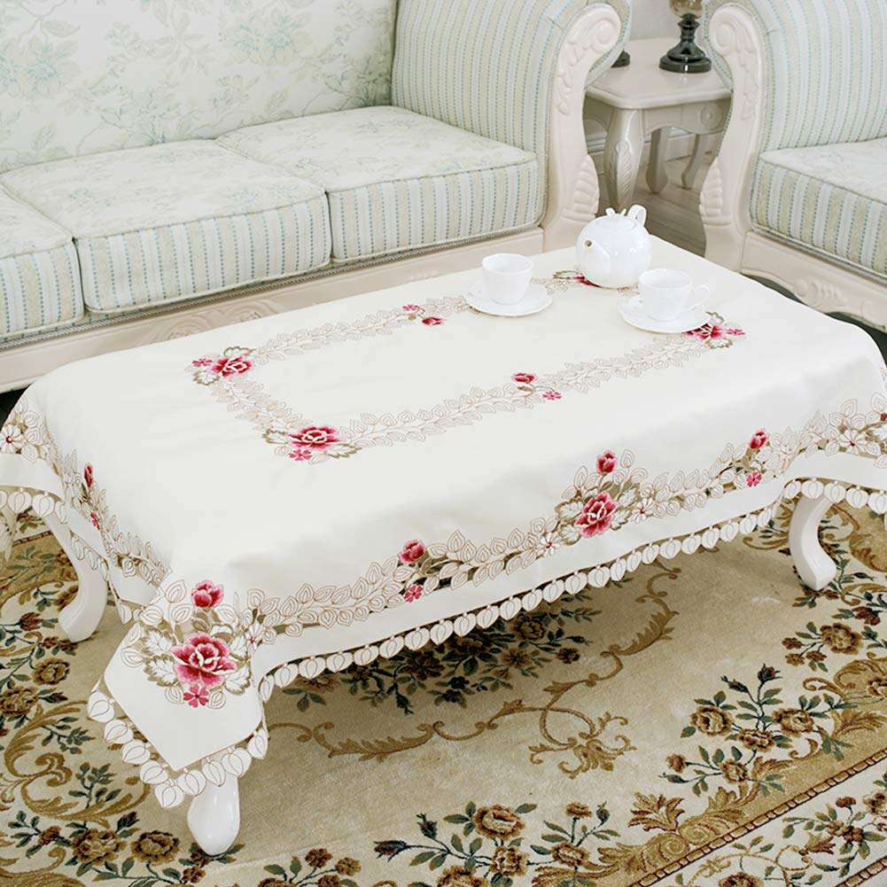 LeLehome Flowers Embroidery Tablecloth 57" X 86", Vintage Classic Lace Beige White Leaves Dining Table Cloth Table Cover for Festival Wedding Party Home Kitchen Rectangular