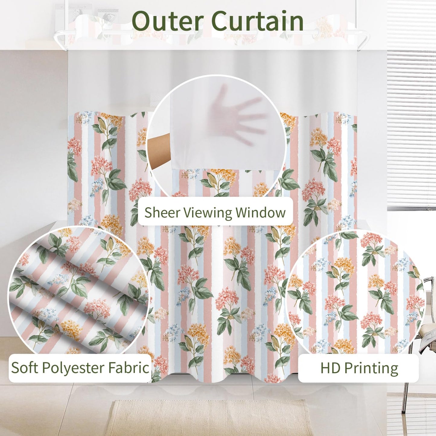 NAEMBCU Boho Floral No Hook Shower Curtain with Snap in Liner Set 71x74 in
