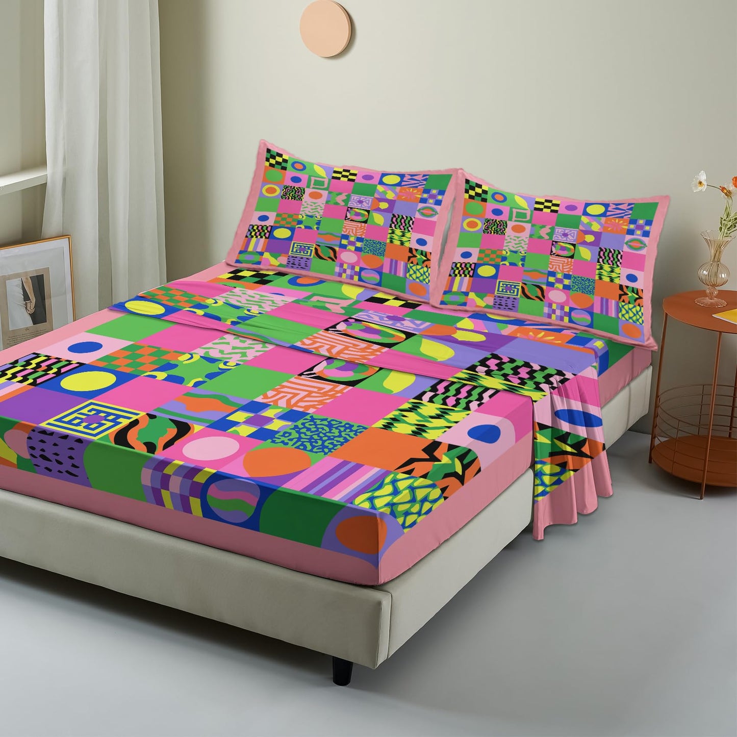 NOGAWA Retro Geometric Sheets King, Colorful Bed Sheets, 70s Bedding Sheets, Soft Microfiber Deep Pocket Fitted Sheet, Flat Sheet, 2 Pillowcases