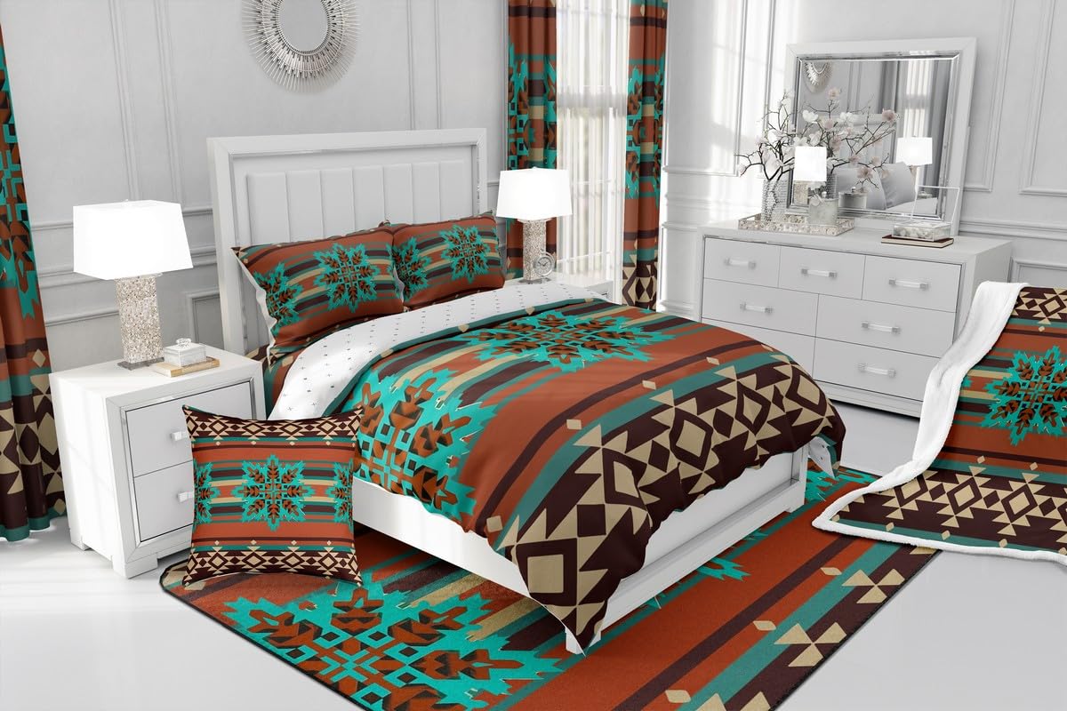 jejeloiu Western Aztec Bedding Set Soft for Boys Girls, Native American Comforter Set Queen Size Geometric Duvet Quilt Microfiber Boho Bedroom Decor 3 Pcs with 2 Pillow Cases