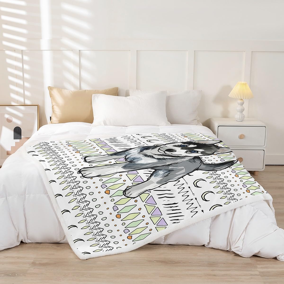 Erosebridal Cartoon Husky Fleece Blanket Western Geometric Aztec Sherpa Blanket 90"x90", Cute Puppy Pet Kawaii Animal Pup Dog Fuzzy Plush Throw