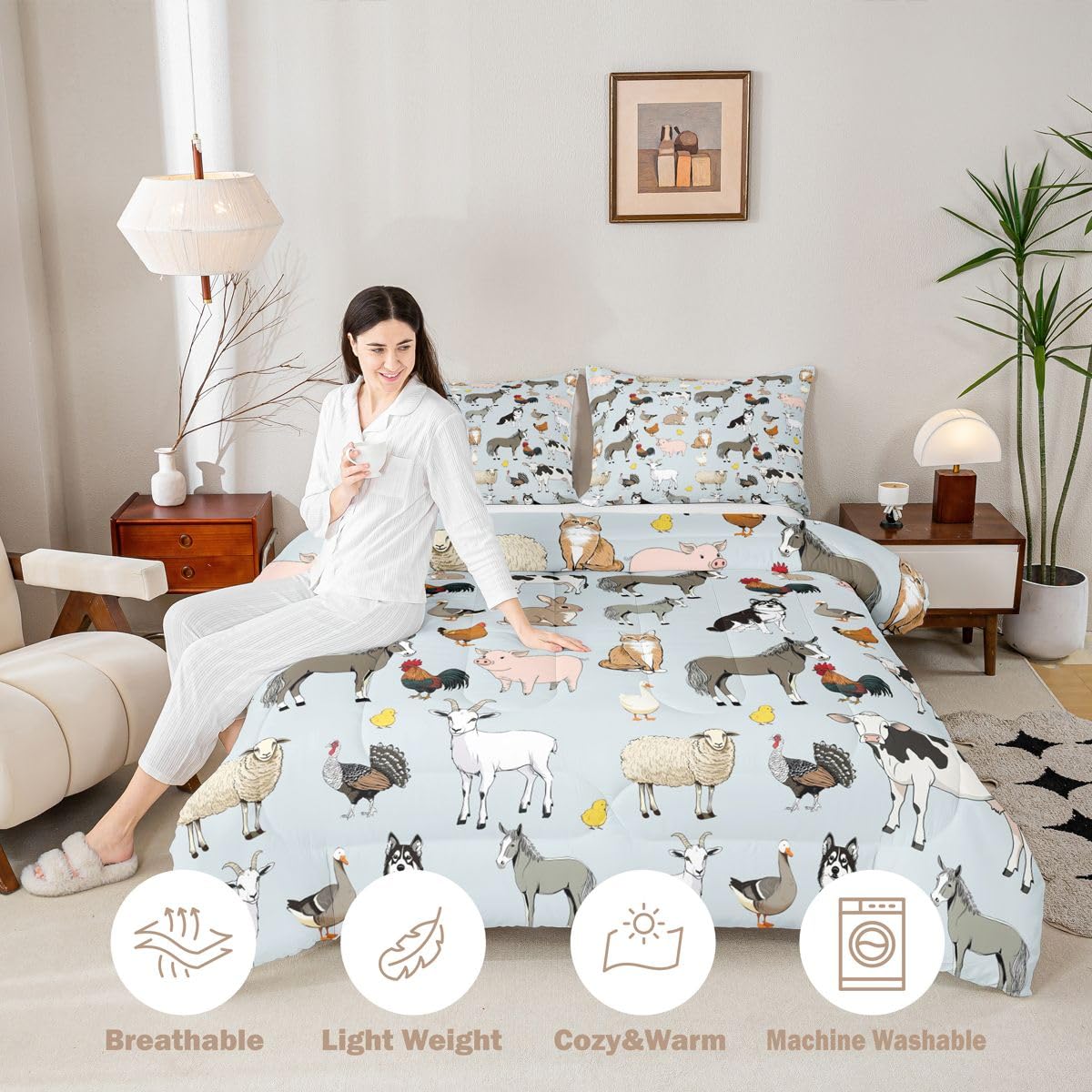 Feelyou Light Blue Farm Animal Comforter Set Toddler Size Cute Animal Bedding Set for Kids Boys Girls Farm Theme Duvet Quilt Cartoon Bedroom Decor 2 Pcs with 1 Pillow Cases